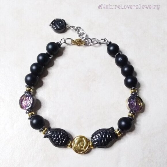 Purple + Black Iridescent Fish + Stone Beads Bracelet! 7"+ Adjust. Goth + Beachy - Picture 1 of 11